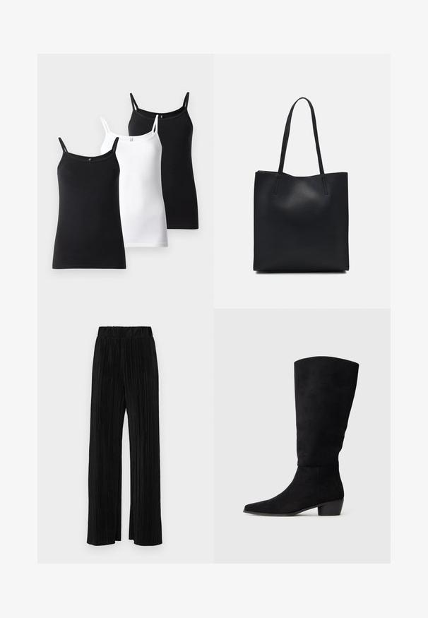 Három ujjatlan póló: egy fekete, egy fehér, mindkettő vékony pántokkal és testhez simuló dizájnnal, puha, rugalmas pamut anyagból készült.; Fekete pliszírozott nadrág gumis derekkal. Széles lábakkal rendelkezik, sima, texturált anyagból készült, függőleges csíkokkal.; Fekete velúr térd fölé nyúló csizma alacsony tömbsarkal és hegyes orral, oldalnézetben, sima világosszürke háttérrel.; Fekete bőrtáska sima felszínnel, téglalap alakú, két hosszú füllel. Nincs látható fémkiegészítő vagy díszítés.