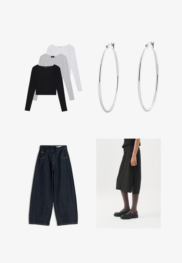 Tre magliette a maniche lunghe in nero, grigio e bianco, con scollatura a V e design cropped. Realizzate in tessuto morbido e leggero.; Pantaloni ampi in denim scuro con vita regolabile, cinque tasche e cuciture a contrasto. Texture liscia e design dalla vestibilità morbida.; Gonna nera alla lunghezza del ginocchio con spacco laterale, abbinata a mocassini neri e collant trasparenti marroni, caratterizzata da un tessuto liscio e un design semplice.; Orecchini a cerchio in argento con una superficie liscia e lucida e una forma circolare sottile. Il design presenta una chiusura sicura.