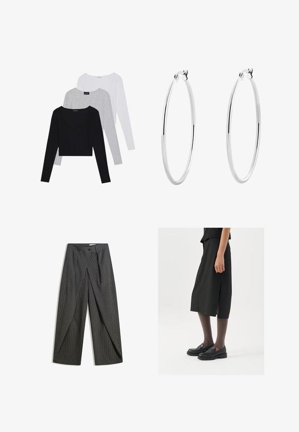 Tři dlouhé rukávy v černé, šedé a bílé barvě, s výstřihem do V a cropped střihem. Vyrobeno z jemné, lehké látky.; Šedé pruhované kalhoty s volným střihem, s jednoduchým zapínáním na knoflík, záhyby a širokým nohavicím designem.; Černá sukně ke kolenům s bočním rozparkem, v kombinaci s černými loafers a průhlednými hnědými punčochami, vyrobená z hladkého materiálu a s jednoduchým designem.; Stříbrné kruhové náušnice s hladkým, leštěným povrchem a tenkým, kruhovým tvarem. Design obsahuje bezpečné zapínání.