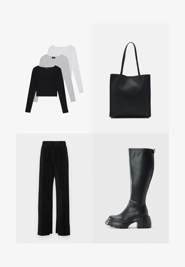 Trei bluze cu mânecă lungă în culorile negru, gri și alb, prezentând decolteu în V și un design cropped. Confecționate dintr-un material moale și ușor.; Pantaloni negri plisati cu talie elastică. Prezintă picioare largi și un material neted, texturat, cu dungi verticale.; Cizme lungi din piele neagră cu talpă platformă masivă și tocul pătrat, având un tab de tragere și un model texturat pe talpa exterioară.; Geantă tote neagră din piele, cu textură netedă, formă rectangulară și două mânere lungi. Fără hardware vizibil sau ornamente.