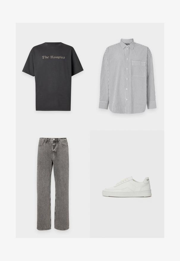 Dark grey short-sleeve t-shirt made of cotton. Features embossed text reading "The Kooples" in a contrasting color. Classic crew neck design.; Striped button-up shirt in black and white, featuring long sleeves, a classic collar, and a chest pocket with horizontal stripes.; Gray denim jeans featuring a straight-leg cut, five-pocket design, and a button closure at the waistband. Subtle faded texture throughout.; White leather sneaker with a smooth finish, round toe, flat laces, and a textured sole. Features a subtle logo on the heel.