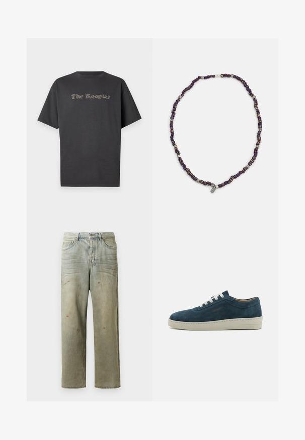 Tumehallista lühikeste varrukatega t-särki, mis on valmistatud puuvillast. Omab sisse surutud teksti "The Kooples" kontrastse värviga. Klassikaline ümmargune kaelus.; Karmiinroheline kulunud denim teksapüksid, millel on sirge jalg, viie taskuga disain ning ebaühtlane pleekimine koos värvikrõpsudega.; Sinine sametist tennis, ümarate varvastega, valgete paeltega ja kummist tallaga. Omab peeneid tikandeid ja bränditud aktsenti külgedel.; Mitmevärviline helmedega kaelakee, kus on tume sinised, punased ja kollased helmed, mille vahel on hõbedased aksessuaarid ja rippuv ripats.