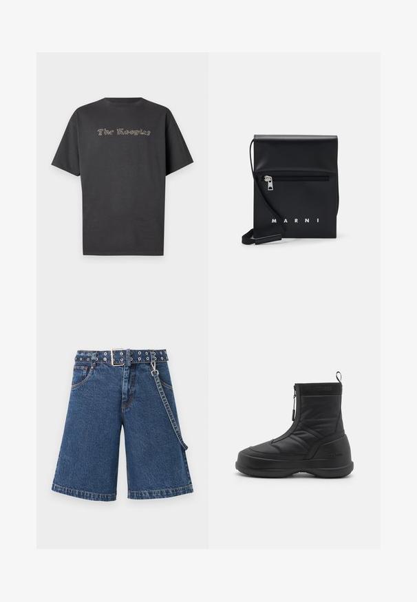 Tumehallista lühikeste varrukatega t-särki, mis on valmistatud puuvillast. Omab sisse surutud teksti "The Kooples" kontrastse värviga. Klassikaline ümmargune kaelus.; Tumedast sinisest denimist lühikesed püksid, avara lõikega disain, millel on vöökohal metallist kinnitusaugud, kontrastsed õmblused ja külgketti. ; Mustam veekindel talveking, millel on siledast sünteetilisest materjalist ülemine osa, tõmbluku sulgemine, pehmendatud kaelus ja tekstuuriga kummitald. Rõhutatud "MOON BOOT" brändingu kaudu.; Mustmust nahast õlakott, millel on tõmblukk eesmine tasku, embosseeritud logo ja reguleeritav rihm. Sile tekstuur koos struktureeritud kujuga.