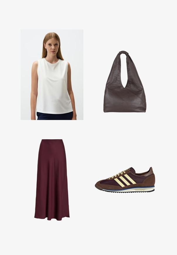 Sleeveless white top in soft fabric with a round neckline, smooth texture, relaxed fit, and a slightly curved hem.; Burgundy satin maxi skirt with a smooth texture, high waist, and a flowing silhouette that flares out gently towards the hemline.; Brown and burgundy sneaker with suede and mesh materials, featuring three cream stripes, textured fabric on the tongue, and a rubber sole.; Brown leather bag with a slouchy, oversized design. Features a loop handle and a deep V-cut opening for easy access. Soft texture, minimalist style.
