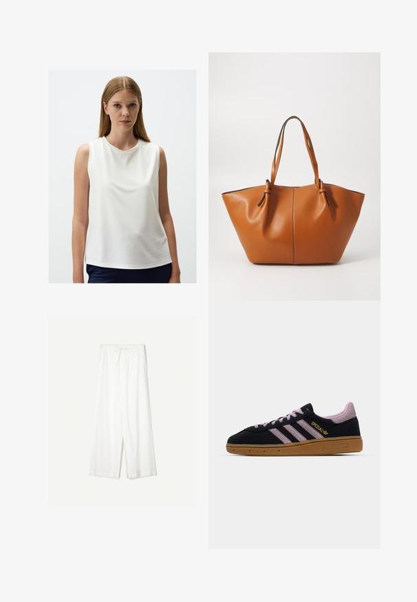 Top sans manches blanc en tissu doux avec un col rond, texture lisse, coupe décontractée et ourlet légèrement arrondi.; Pantalons larges blancs avec une taille à cordon, présentés sur un fond uni, mettant en valeur leur style décontracté et la texture du tissu.; Baskets en suède noir et rose avec semelle en caoutchouc, trois rayures roses, marquage doré "SPEZIAL" et semelle en gomme texturée. Design basse.; Sac fourre-tout en cuir marron avec une forme large et angulaire ; il possède deux longues poignées et une couture contrastante le long des bords.