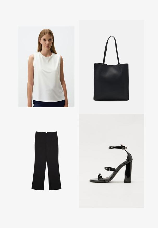 Sleeveless white top in soft fabric with a round neckline, smooth texture, relaxed fit, and a slightly curved hem.; Black trousers with a straight fit, featuring front pockets and side slits at the hem. Made of soft, smooth fabric. Suitable for various occasions.; Black patent heeled sandals with a square toe, ankle straps, and silver buckles. Features a chunky block heel for stability.; Black leather tote bag with smooth texture, rectangular shape, and two long handles. No visible hardware or embellishments.
