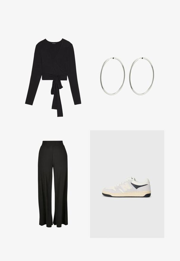 Even&Odd Pikkade varrukatega topp - black; Mustad laiad püksid vertikaalse ribakudumisega ja elastse kõrge vöökoht. Omab külgtaskuid ja voolavat kangast disaini.; Spordijalatsid valges, hallis ja mustas värvitoonis. Omab sametist ja tekstiilset materjali, perforatsiooni varbaosas ja logot küljel. Kummikreen.; Hõbedased rõngas kõrvarõngad, millel on sile ja poleeritud viimistlus. Ringikujuline, ühtlane laius, kerge kinnitamise jaoks. Lihtne ja elegantne.