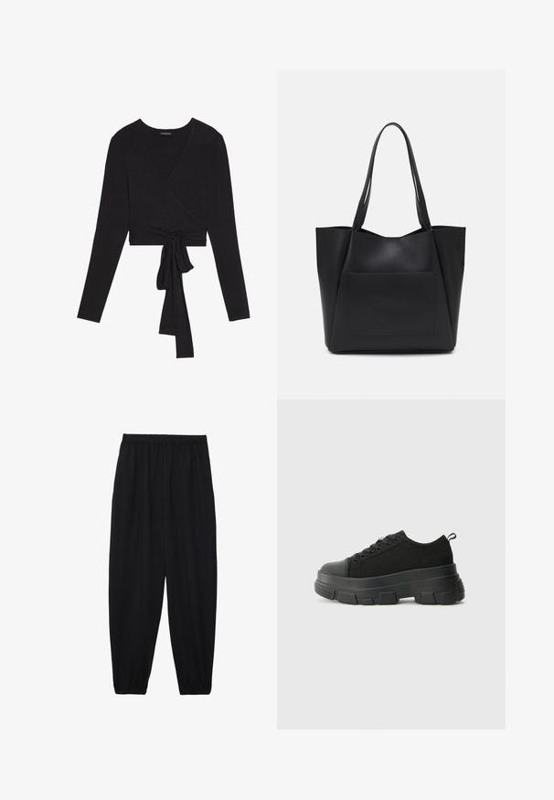Even&Odd Long sleeved top - black; Black, lightweight pants with an elastic waistband and gathered ankles. The fabric is smooth and features a relaxed, tapered design.; Black sneakers with a chunky rubber sole, textured fabric upper, round toe, and lace-up design. Features reinforced eyelets and back pull tab.; Black tote bag made of smooth synthetic material, featuring two long handles and a front slip pocket. Open top with angular design.