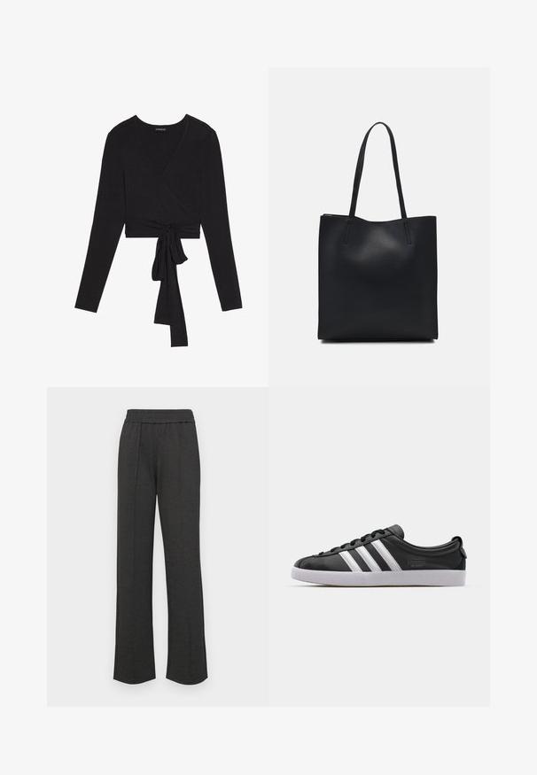 Even&Odd Long sleeved top - black; Black straight-leg pants with an elastic waistband, front pleats, soft fabric, and no visible patterns or hardware details.; Black leather sneaker with white three-stripe design, rounded toe, flat white rubber sole, and branded detail on the side.; Black leather tote bag with smooth texture, rectangular shape, and two long handles. No visible hardware or embellishments.