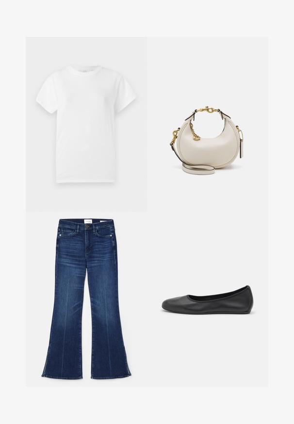Tricou alb din bumbac cu mâneci scurte și gât rotund. Textură netedă și design minimal, fără modele sau accente vizibile.; Jeans evazate de culoare albastră închisă, fabricate din denim. Prezintă o talie înaltă, buzunare frontale și detalii cu fante la tiv. Design clasic cu cinci buzunare.; Balerini din piele neagră, cu vârf rotund, textură netedă, detalii de cusătură minimale și un design al tălpii flexibil.; Geantă de mână din piele crem, cu o formă de semilună, accesorii aurii, accente negre și o curea detașabilă. Are un detaliu cu lanț și eticheta.