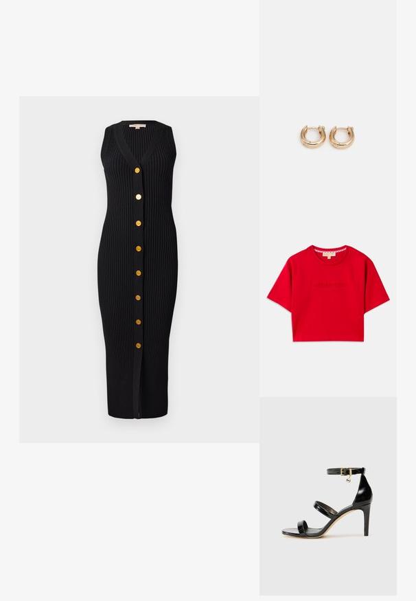 Red cropped t-shirt made of cotton, featuring a ribbed crew neckline and embossed "MICHAEL KORS" logo across the front. Short sleeves.; Black ribbed knit dress with a V-neckline, sleeveless design, and gold-tone buttons down the front, featuring a fitted silhouette.; Black patent leather sandal with three straps, ankle buckle, and 4-inch stiletto heel. Features gold hardware detail and logo charm.; Black leather crossbody bag with gold chain accents, zipper closure, and a detachable fabric strap. Michael Kors logo on the front.; Gold hoop earrings with a polished finish, featuring a thick, circular design and a secure closure mechanism. Smooth texture and shiny appearance.