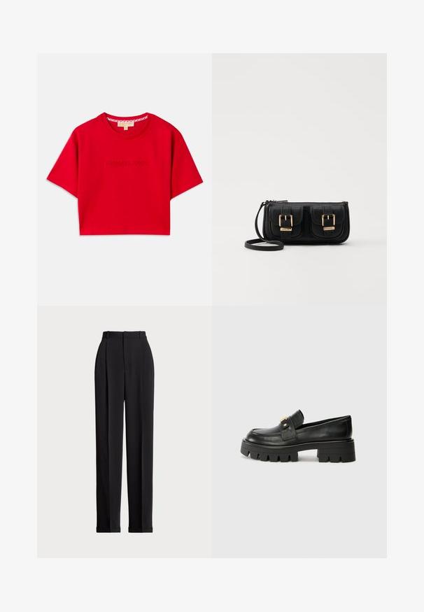 T-shirt curta vermelha feita de algodão, com decote redondo ribbed e logótipo em relevo "MICHAEL KORS" na parte da frente. Mangas curtas.; Calças pretas ajustadas com uma cintura alta, apresentando pregas na frente, um design de perna reta e bainha com punho. Feitas de tecido suave.; Mocassins de couro preto com uma sola robusta, apresentando um detalhe em tom dourado na parte da frente e um acabamento suave. Design de solado com cravos robustos.; Bolsa de ombro em couro preto com dois bolsos frontais, fivelas douradas, fecho de zíper e uma alça fina. Superfície texturizada e forma retangular compacta.