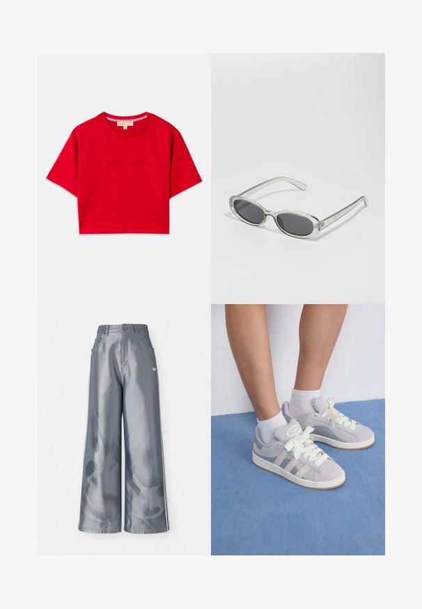 Rød kortærmet t-shirt lavet af bomuld, med ribbet rund halsudskæring og prægede "MICHAEL KORS" logo på forsiden. Korte ærmer.; Bredde benbukser i skinnende grå materiale med hvide sidelookstriber og et flammemønster på underbenene. Knap- og lynlåslukning i taljen.; Grå ruskinds sneakers med hvide snørebånd og gummisål, udstyret med tre diagonale striber på siden og et logo-patch på tungen.; Solsikker med oval form, klar plastramme, mørkegrå linser og tynde gennemsigtige arme med logovariationer og minimal detaljer.
