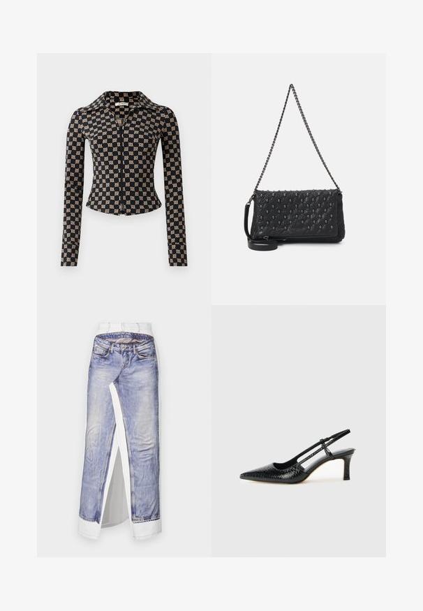 Black fitted jacket with beige Gothic "M" pattern, long sleeves, full front zipper, and a pointed collar.; Denim skirt with a photo print of jeans on white fabric. Features standard waistline, side slit, and detailed stitching on pockets.; Black patent slingback heel with a pointed toe, featuring textured snake print, adjustable strap, and a short, textured block heel.; Black quilted leather bag with a chain strap, featuring skull accents and a zip closure. Textured surface with a glossy finish.