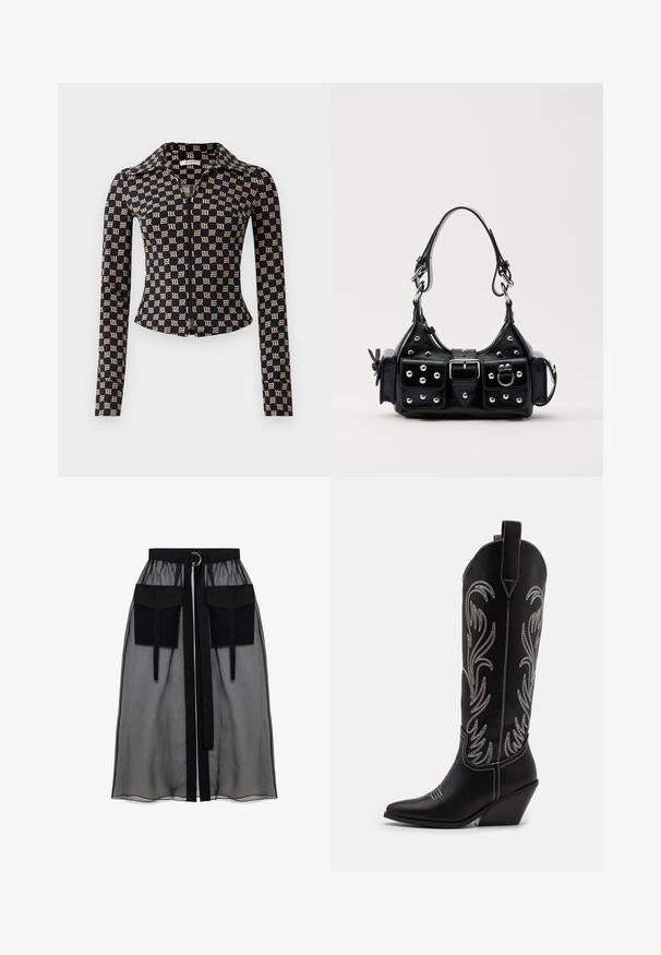Jachetă neagră ajustată cu model gotic "M" bej, mâneci lungi, fermoar pe toată fața și guler ascuțit.; Fustă neagră transparentă cu un talie plisată, având două buzunare mari în față, un cordon pentru talie și un accent metalic circular.; Bocanci de cowboy din piele neagră, cu vârfuri ascuțite, toc wedge și modele florale brodate cu fir argintiu de-a lungul tijei. Cusături în contrast pe întreaga suprafață.; Geantă de piele neagră cu un design curbat, dotată cu studuri argintii, o cataramă și două buzunare laterale. Curea ajustabilă pentru opțiuni de transport.