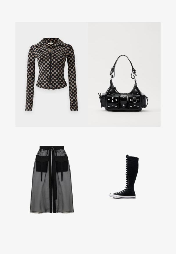 Black fitted jacket with beige Gothic "M" pattern, long sleeves, full front zipper, and a pointed collar.; Black sheer skirt with a gathered waistband, featuring two large front pockets, a waist tie, and a circular metal accent.; Black high-top sneakers with a tall design, made of canvas. Feature white laces, stitching, and a rubber sole with a toe cap.; Black leather handbag with a curved design, featuring silver studs, a buckle, and two side pockets. Adjustable strap for carrying options.