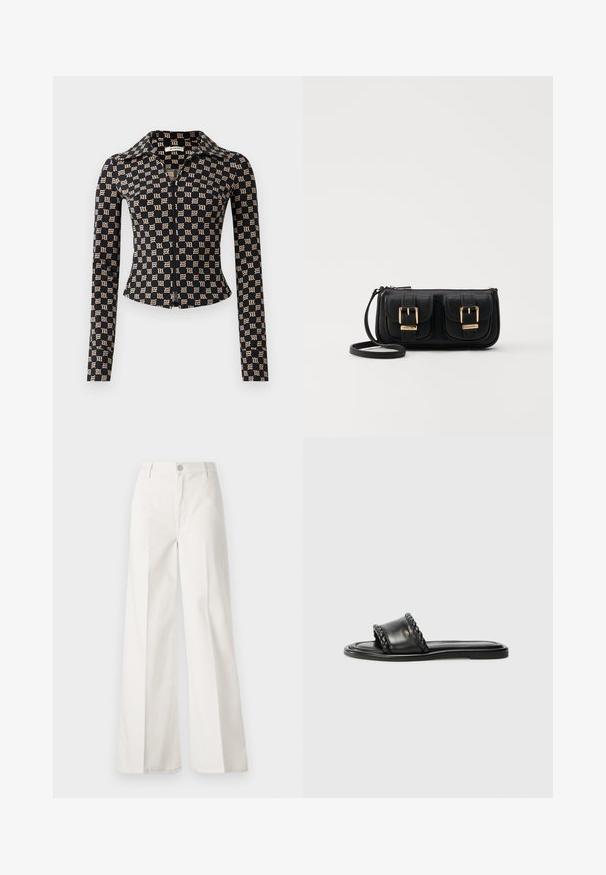 Musta muotoinen takki, jossa on beigeltä näyttävä goottilainen "M" kuosi, pitkät hihat, koko etuvetoketju ja terävä kaulus.; Valkoiset leveälahkeiset housut, jotka on valmistettu puuvillasta ja joissa on sileä rakenne. Ominaisuuksiin kuuluvat etupainike, vetoketjuluukku ja neljän taskun muotoilu.; Mustahiilikos sliparite nahast sandaal, millel on punutud rihmad, lame tald ja stiilne disain. Sile tekstuur ja minimalistlik profiil.; Musta nahkainen olkalaukku, jossa on kaksi etutaskua, kultaiset soljet, vetoketjukiinnitys ja kapea hihna. Teksturoidun pinnan ja kompaktin suorakaiteen muoto.