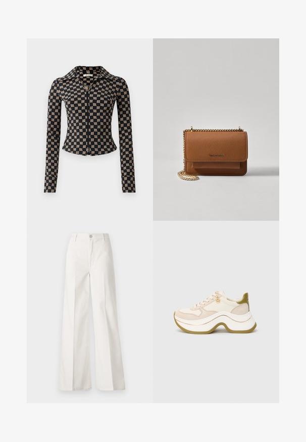 Čierna priliehavá bunda s béžovým gotickým vzorom "M", dlhé rukávy, plný predný zips a špicatý golier.; Biele široké nohavice vyrobené z bavlny s hladkou textúrou. Obsahujú predný gombík, zips a dizajn so štyrmi vreckami.; Beige a biely masívny tenisky s vlnitým hrubým podošvou, olivovými akcentmi, šnúrkami a malým zlatým logom na bočnej strane, na jednofarebnom šedom pozadí.; Hnedá textúrovaná kožená taška cez telo s zlatým reťazovým popruhom a preklopným uzáverom. Predná strana obsahuje detail s logom a vrecko pod preklopkou.