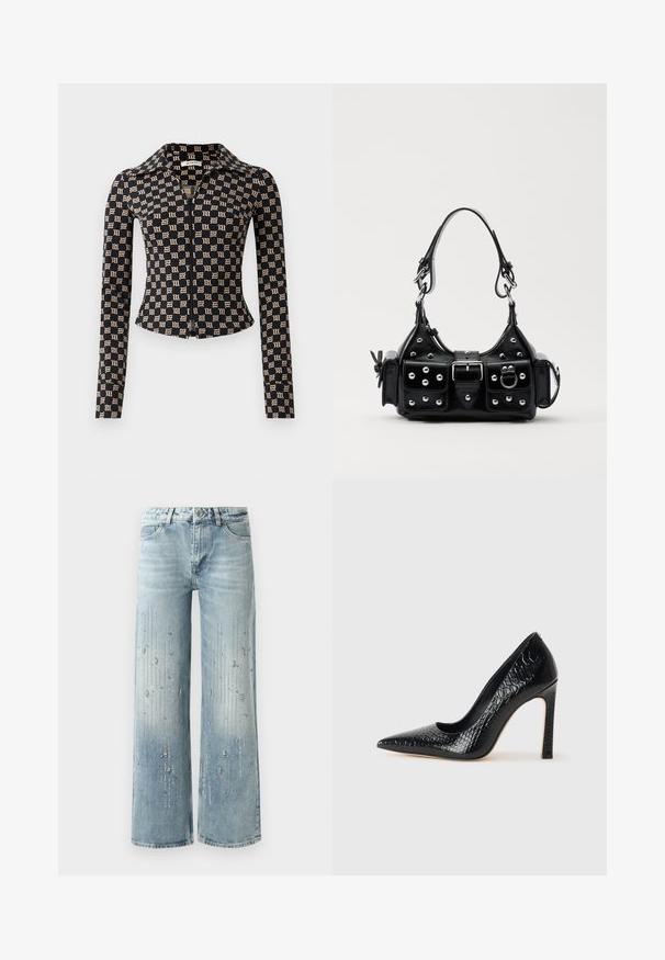 Melna pieguļoša jakas ar beigu gotu "M" rakstu, garām piedurknēm, pilnu priekšējo rāvējslēdzēju un norādītu apkakli.; Gaiši zilas platās kājas džinsus, kas izgatavoti no denima, ar gradienta krāsu efektu un rotājumiem no sudraba rhinestones vertikālā rakstā.; Melni augstpapēžu apavi ar norādītu purngalu, ar krokodila ādas tekstūru, izceļoties ar elegantu dizainu, augstu stiletto papēdi un gludu melnu interjeru.; Melnas ādas rokturmais ar izliekumu, ar sudraba iedurtiem, sprādzi un divām sānu kabatām. Regulējams siksniņas garums dažādām nēsāšanas iespējām.