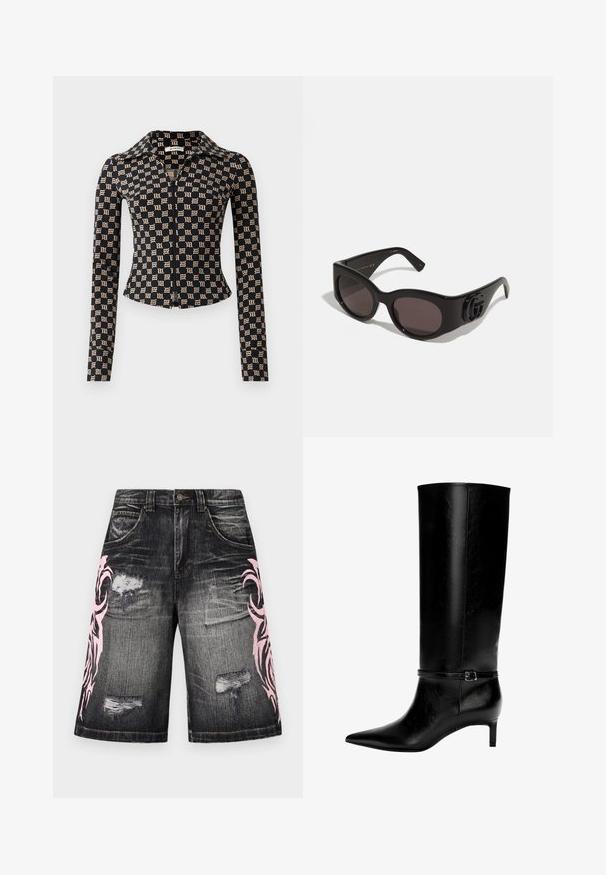 Zwarte getailleerde jas met beige Gotische 'M'-patroon, lange mouwen, volle rits aan de voorkant en een puntige kraag.; Jaded London BLADE COLOSSUS JORTS UNISEX - Jeansshort - black; Zwarte leren laarzen tot de knie met een spitse neus en een kleine hak. Voorzien van een smalle band met een metalen gesp rond de enkel. Effen textuur.; Zwarte zonnebril met oversized, ronde lenzen, voorzien van een glanzend plastic montuur en een opvallend logo detail op de pootjes.; Even&Odd Shopper - black