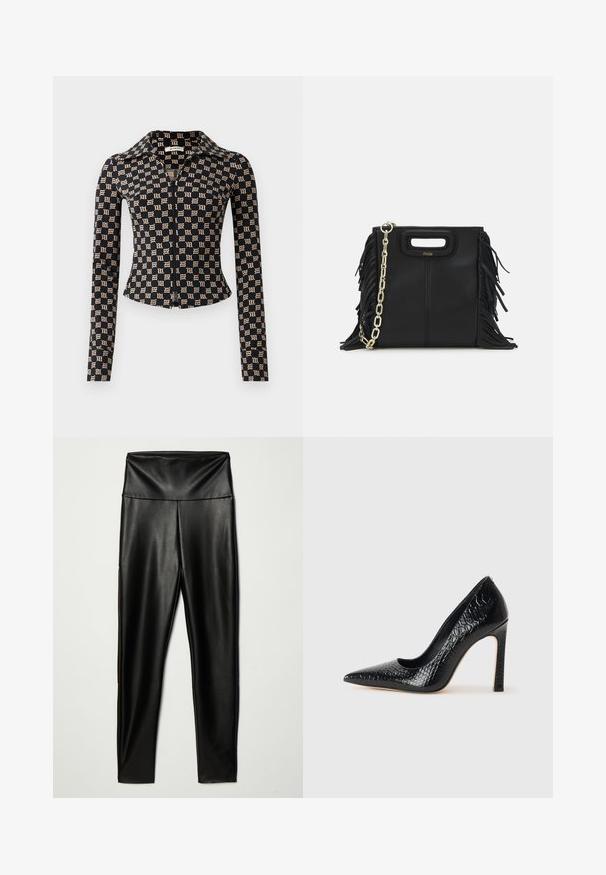 Juodas prigludęs švarkas su kreminės spalvos gotikiniu "M" raštu, ilgomis rankovėmis, pilnu priekiniu užtrauktuku ir smailiu apykakle.; Juodi dirbtinės odos leggingai su aukštu liemeniu, su lygia tekstūra ir prigludusia siluetu, siekiančiu iki kulkšnies.; Juoda smailiakulnė aukšto kulno bateliai su krokodilo odos tekstūra, pasižymintys elegantišku dizainu, aukštu stiletu kulnu ir lygia juoda vidine dalimi.; Juodas odinis rankų darbo rankinys su frinzuotomis detalėmis, auksine grandinės petneša ir išpjauto dizaino rankena. Pirmoje pusėje yra logotipo vieta.