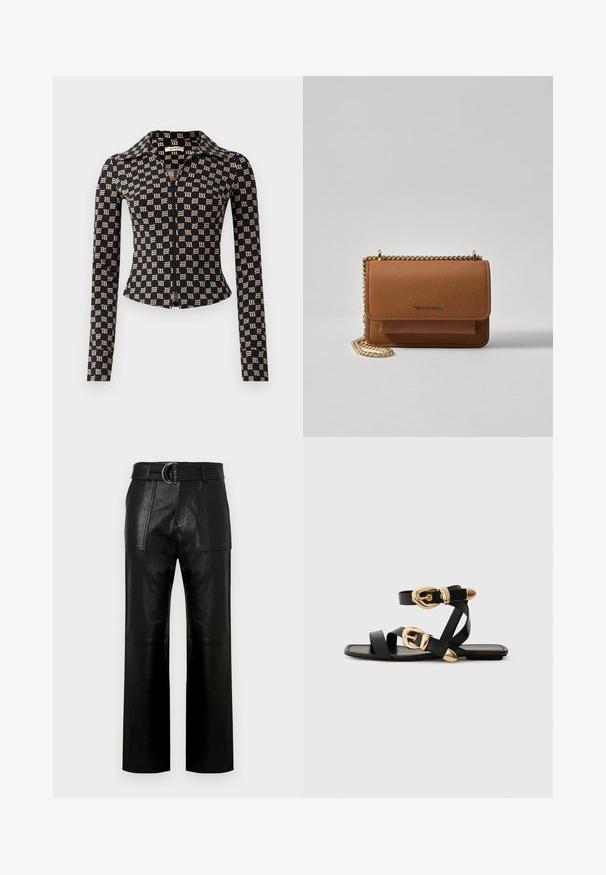 Black fitted jacket with beige Gothic "M" pattern, long sleeves, full front zipper, and a pointed collar.; High-waist black leather pants with wide legs, large front patch pockets, and a matching belt with double-ring buckle.; Black leather sandals with gold buckle accents, featuring multiple straps and a flat sole design for open-toe wear.; Brown textured leather crossbody bag with gold chain strap and flap closure. Front features logo detail and a pocket under the flap.
