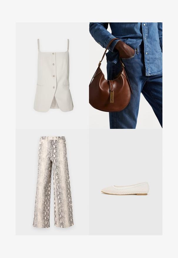 Jasnobeżowa sukienka bez rękawów o prostym kroju, z guzikami z przodu, dwoma bocznymi kieszeniami i delikatnymi ramiączkami. Miękka tekstura materiału.; Spodnie typu wide-leg w wzór wężowy, z kremowo-szarym schematem kolorów, wykonane z fakturowanej tkaniny o wysokim stanie.; Białe płaskie buty z siateczkowym wzorem, ostro zakończone, z niską, płaską podeszwą. Teksturowana cholewka z gładką podszewką i subtelnymi kontrastowymi wykończeniami.; Brązowa skórzana torebka hobo w zaokrąglonym kształcie, z akcentami w złotym kolorze i kontrastowym przeszyciem. Połączona z dżinsową koszulą i spodniami dżinsowymi.