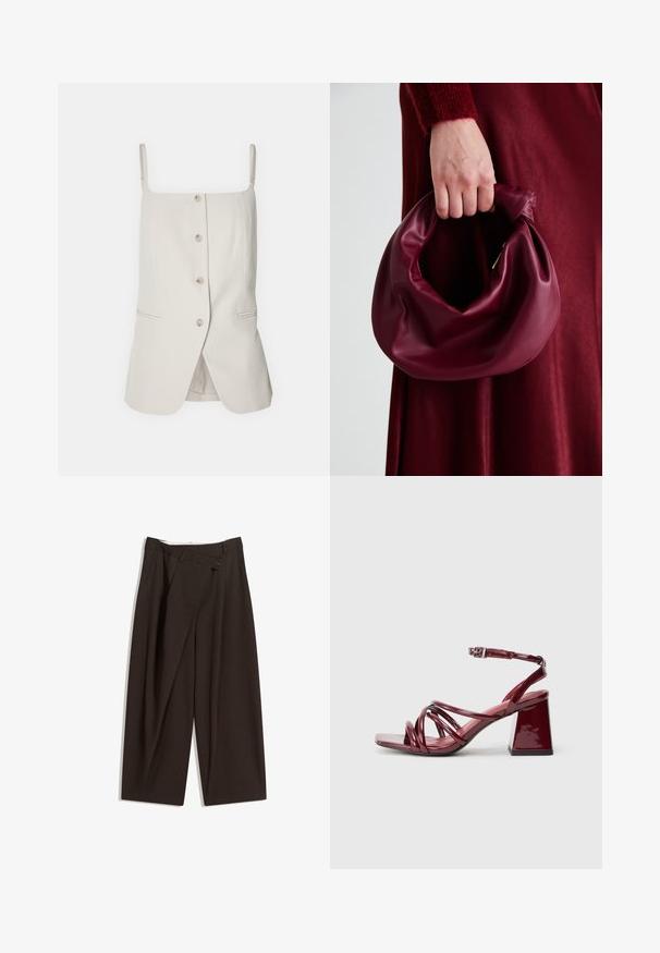 Lichtbeige mouwloze jurk met een rechte snit, voorzien van een knoopsluiting aan de voorkant, twee zijzakken en delicate bandjes. Zachte stofstructuur.; Donkere bruin wijde broek met een hoge taille, voorzien van een enkele knoopsluiting en een geplooide voorkant. Gemaakt van lichtgewicht stof.; Patent bordeaux gekleurde sandalen met hak en vierkante neus, met meerdere in elkaar verweven banden en een chunky blokhak. Verstelbare enkelband.; Bordeaux leren handtas met een zacht, gegathered ontwerp en een ronde vorm. De handgreep is stevig bevestigd en toont een gladde textuur.