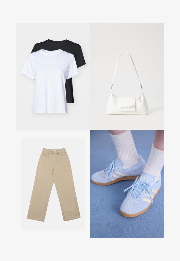 Twee t-shirts met korte mouwen in zwart en wit, gemaakt van glad katoen, met een klassieke ronde halslijn en een reguliere pasvorm.; Beige wijde broek van denim, met een hoge taille, voorkruiden en contrasterende stiksels. Het ontwerp omvat een knoopsluiting.; Lichtblauwe suède sneakers met witte strepen, platte veters en een gumrubberen zool. Geribbelde witte sokken worden boven de enkel gedragen.; Witte synthetische handtas met een driehoekige vorm, platte voorklep en strikdetail, verstelbare schouderriem, gladde textuur en minimalistisch ontwerp.