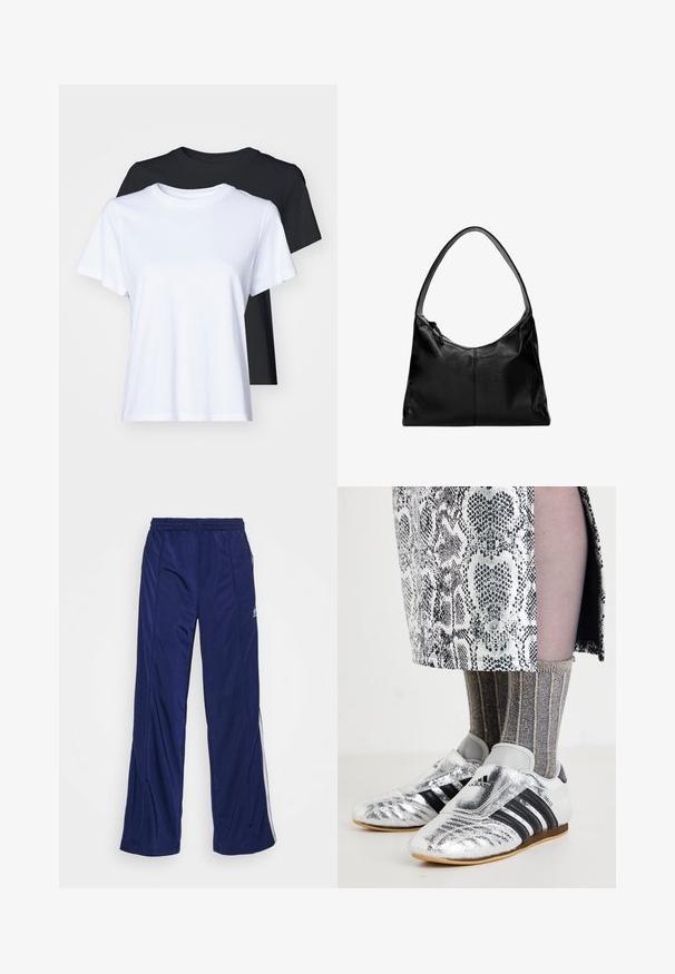 Zwei Kurzarm-T-Shirts in Schwarz und Weiß, aus glattem Baumwollmaterial, mit klassischem Rundhalsausschnitt und regulärer Passform.; Marineblaue Sporthose mit elastischem Bund, geraden Beinen und seitlichen Reißverschlüssen. Mit weißen Paspeln an den Seiten. Glatte Stoffstruktur.; Silberne Fußballschuhe mit schwarzen Streifen und einem eleganten Design, kombiniert mit strukturierten grauen und goldenen gerippten Socken sowie einem gemusterten Rock.; Schwarze Leder-Umhängetasche mit glatter Textur, geschwungenem oberen Rand und einem einzigen Tragegurt. Sie verfügt über einen Reißverschluss und ein minimalistisches Design.