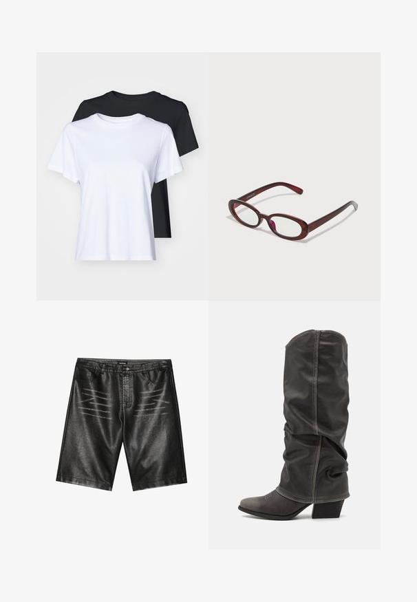 Zwei Kurzarm-T-Shirts in Schwarz und Weiß, aus glattem Baumwollmaterial, mit klassischem Rundhalsausschnitt und regulärer Passform.; Schwarze Shorts aus Kunstleder mit glatter Textur, fünf Taschen und subtilen Streifenakzenten auf der Vorderseite. Klassisches gerades Design.; Graue Lederstiefel bis zur Wade mit einem lässigen Design, spitzer Zehenform und gestapelt Hohem Absatz. Auffällige Nähte im Bereich der Zehen.; Ovale rote Sonnenbrillen mit klaren Gläsern und schlanken braunen Fassungen. Das Design weist sanfte Kurven und minimalen Hardwareeinsatz auf.