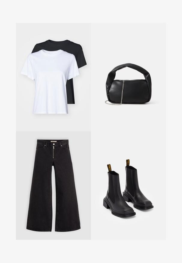 Due magliette a maniche corte, di colore nero e bianco, realizzate in cotone morbido, con un classico colletto rotondo e una vestibilità regolare.; Jeans a gamba larga in denim nero con chiusura a zip, design a cinque tasche e dettagli di cucitura sottili. Texture morbida e stile casual.; Stivaletti neri alla caviglia in pelle liscia con pannelli elastici laterali, punta quadrata e tacco spesso. Presentano linguette gialle con logo.; Borsa a tracolla in pelle nera con forma arrotondata, manico spesso e tracolla in catena argentata. Texture liscia con una leggera lucentezza.