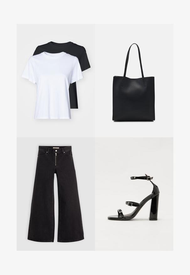 Dve tričko s krátkym rukávom v čiernej a bielej farbe, vyrobené z hladkej bavlny, s klasickým okrúhlym výstrihom a normálnym strihom.; Dlhé nohavice vo voľnom strihu z čierneho denimu so zipsom vpredu, päť vrecúškovým dizajnom a jemnými stehovými detailmi. Hladká textúra a neformálny štýl.; Čierne lakované sandále na podpätku so štvorcovou špičkou, navlečenými remienkami okolo členku a striebornými prackami. Disponujú masívnym blokovým podpätkom pre stabilitu.; Čierna kožená taška na rameno s hladkým povrchom, obdĺžnikovým tvarom a dvoma dlhými uchami. Bez viditeľného kovania alebo ozdôb.
