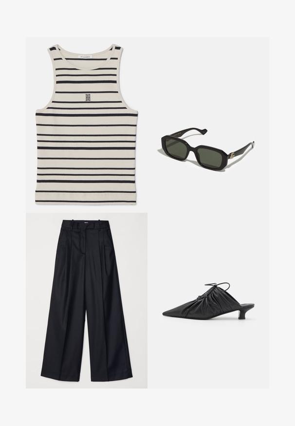 By Malene Birger AMANIAS - Top - black/white; Pantaloni negri cu picioare late, confecționați dintr-un material neted, având talie înaltă, plii și un design croitorie. Accesorii simple negre la talie.; Mule-uri negre din piele, cu vârf ascuțit, textură plisată și un tocuri mici de tip kitten. Prezintă un detaliu cu șnur la deschidere.; Ochelari de soare rectangulari negri cu lentile verzi solide, având un finisaj lucios și un accent auriu cu logo pe lateral.
