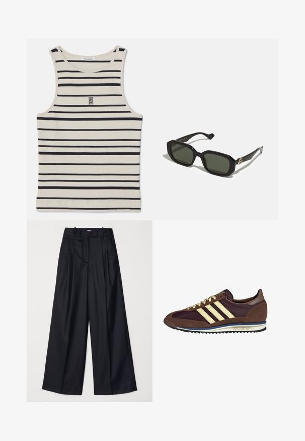 By Malene Birger AMANIAS wielokolorowy; Czarne spodnie o szerokich nogawkach, wykonane z gładkiego materiału, z wysokim stanem, zakładkami i dopasowanym krojem. Proste czarne elementy metalowe w talii.; Brązowe i burgundowe sneakersy wykonane z zamszu i siateczkowych materiałów, z trzema kremowymi paskami, teksturowanym materiałem na języku i gumową podeszwą.; Czarne prostokątne okulary przeciwsłoneczne z jednolitymi zielonymi soczewkami, z połyskującym wykończeniem i złotym logo po boku.