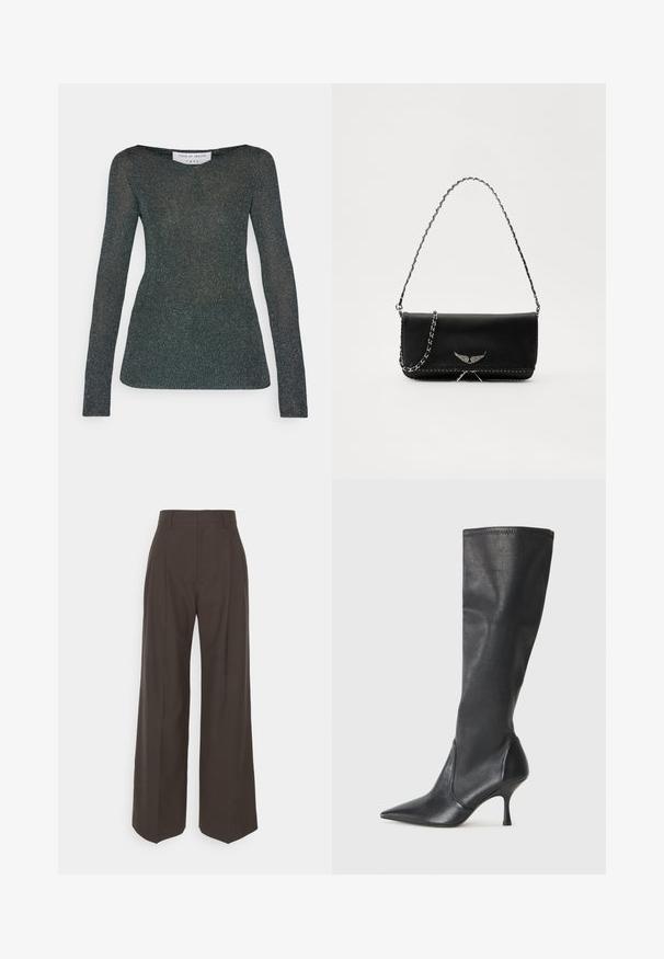 Zöld csillogó, hosszú ujjú felső, lenvágott nyakkivágással és testhezálló fazonnal. Finom csillogó textúrával és puha anyaggal rendelkezik.; Sötétbarna, bő szárú nadrág magas derékkal, tisztán vasalt redőkkel, sima textúrával és testhez simuló fazonnal.; Térd fölötti fekete bőr csizmák hegyes orral és karcsú stiletto sarkal. Simább textúrájúak, jól illeszkedő kialakítással és varrással a tetején.; Fekete bőrtáska ezüstlánc pánttal, díszes szárnyakkal és fehér varrással az alsó varrat mentén.