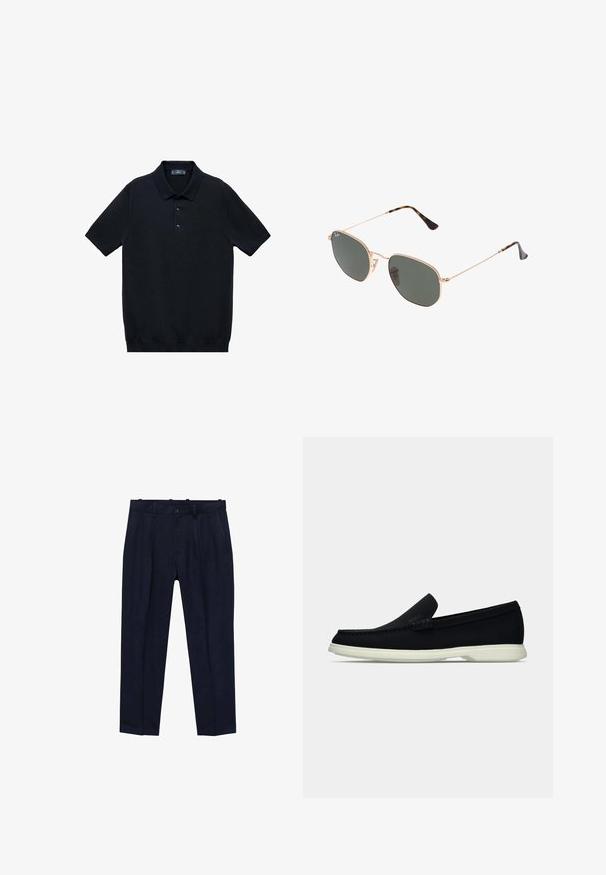 Svart kortärmad polo t-shirt i slät tyg med klassisk krage och treknapps placket; har en rak nederkant.; Navybyxor i slät tyg med en något skräddarsydd passform, framfållar, bältesslingor och en knappstängning.; Svart slip-on sko med rund tå, med en texturerad ovandel, slät vit sula och diskret logotypdetalj på sidan.; Guldmetallramda solglasögon med mörkgröna linser, pilotstil, med smala armfästen och sköldpaddsmönstra detaljer på spetsarna.
