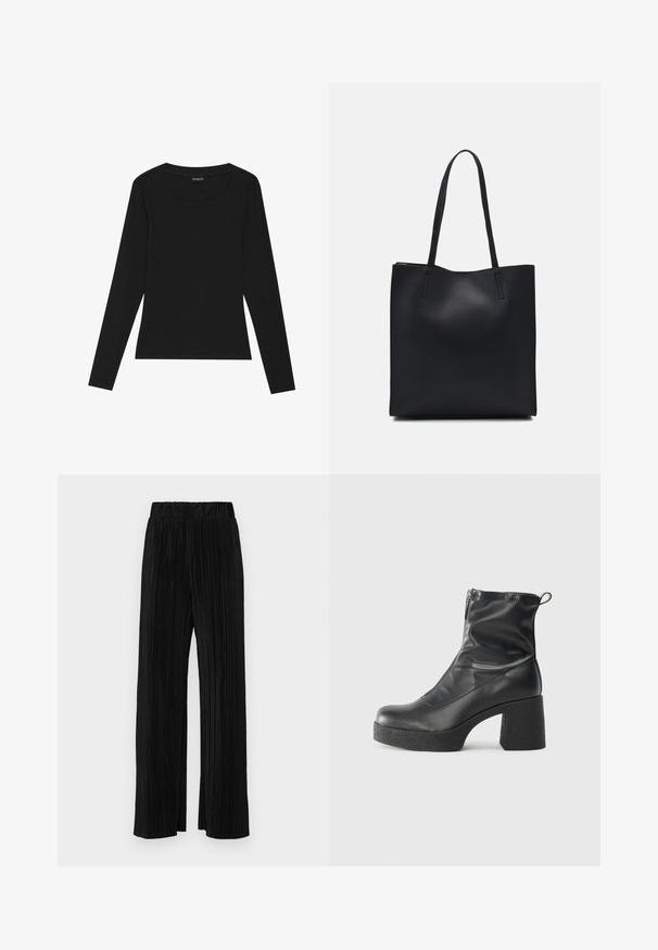 Mustad musta värvi pikkade varrukatega ribategija tipp, millel on ümar kaelus ja sobiv siluett. Kanga tekstuur on sile ja veniv.; Mustad pleekitud püksid elastse vöökohtaga. Omavad laiad jalad ja sujuvat, tekstureeritud kangast vertikaalsete triipudega.; Mustad mustad ansapüksid, mis on valmistatud siledast nahast, külje zipperiga, paksu tekstuuriga kontsaga ja ümmarguse nina disainiga.; Mustast nahast kott sujuva tekstuuriga, ristkülikukujuline ja kahe pika sangaga. Pole nähtavat riistvara ega kaunistusi.