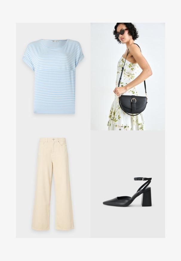 Heledad siniste T-särk valgete horisontaalsete triipudega, ümar kaelus ja mugav lõige. Pehme kangas minimaalse tekstuuriga.; Bežid laiad teksad, mis on valmistatud puuvillast. Omab nööbilukku, vöökohakujusid ja eesmine taskuid, millel on sile ja pehme tekstuur.; Mustmustest must-käigukingad, millel on konksuga nöör ja paks konts. Ühtlane tekstuur, stiilne disain ja minimalistlik esteetika.; Mustmust mustraha kõverate joontega, eemaldatava rihmaga ja kuldsete detailidega. Kotil on klapp, millel on pandladetail.