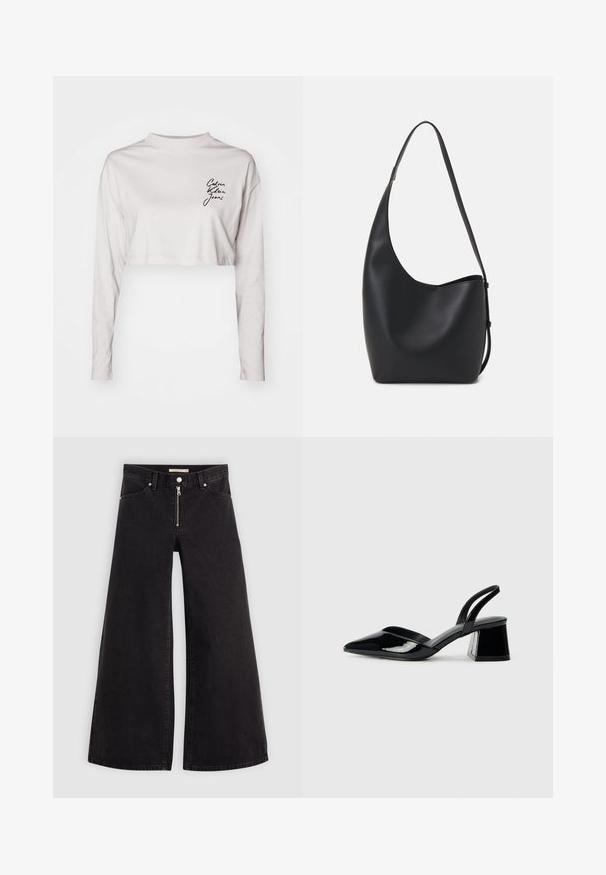 Lyhythihainen vaaleanharmaa puuvillapaita, jossa on korkea kaula-aukko ja musta "Calvin Klein Jeans" -logo vasemmassa rinnassa.; Mustat leveälahkeiset farkut, joissa on vetoketjufrunti, viisi-taskuinen muotoilu ja hienovaraiset ompelusyyt. Sileä pinta ja rento tyyli.; Mustat patentoitu nahkakengät, joissa on säären takaosa ja terävä kärki, sekä geometrinen palikkakorko. Sisältää tyylikkään, minimalistisen muotoilun ja sileän pinnan.; Musta nahkainen hobo-laukku, jossa on sileä pinta, kaareva muoto ja yksi säädettävä olkahihna; sisäänkäynti on leveä ylhäältä.