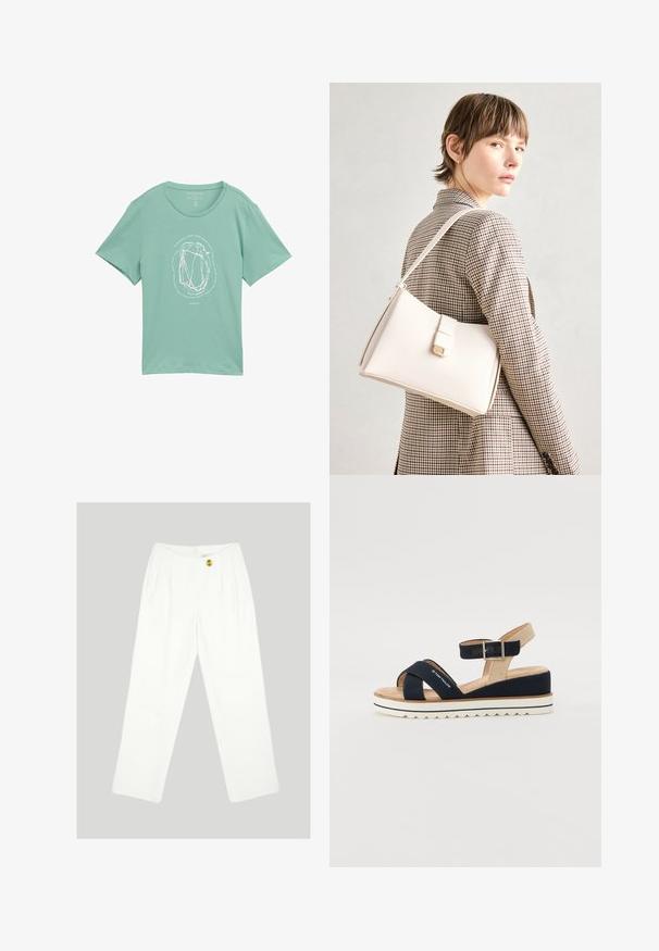 Piparmētru zaļa īsām piedurknēm T-kreklu, izgatavots no mīkstas auduma, ar apļveida baltu grafisku dizainu, kurā ir abstraktas līnijas un teksts ap to.; Baltas, platajām kājām bikses, izgatavotas no gludas auduma. Aprīkotas ar vienu dzeltenu pogu un plektu priekšpusi. Redzami kabatas nav.; Tumši zili zābaki ar divām auduma siksnām, regulējamu potītes siksnu un teksturētu bēša aizmuguri. Bieza, balta, izgriezta zole. Zīmola nosaukums uz siksnas.; Balta ādas rokassoma ar strukturētu dizainu, kurai ir magnētiska aizdare un plecu josta, parādīta uz neitrāla fona.