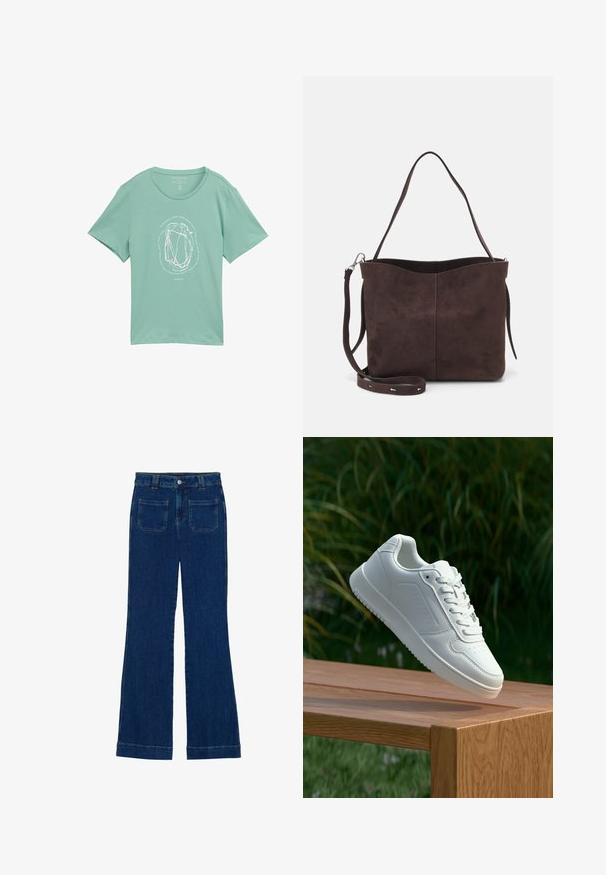 Mintgrøn kortærmet t-shirt i blødt stof med et cirkulært hvidt grafisk design med abstrakte linjer og tekst omkring det.; Mørkeblå flared jeans i denim med en glat tekstur, fem-lomme design og en knaplukning i taljen.; Hvid sneaker med en glat syntetisk overdel, perforeret tåboks, flade snørebånd og en tekstureret sål, præsenteret på en træoverflade.; Brun ruskinds tote bag med en blød tekstur, der har en enkelt skulderrem og en diskret buet topåbning. Ingen synlige hårde detaljer.