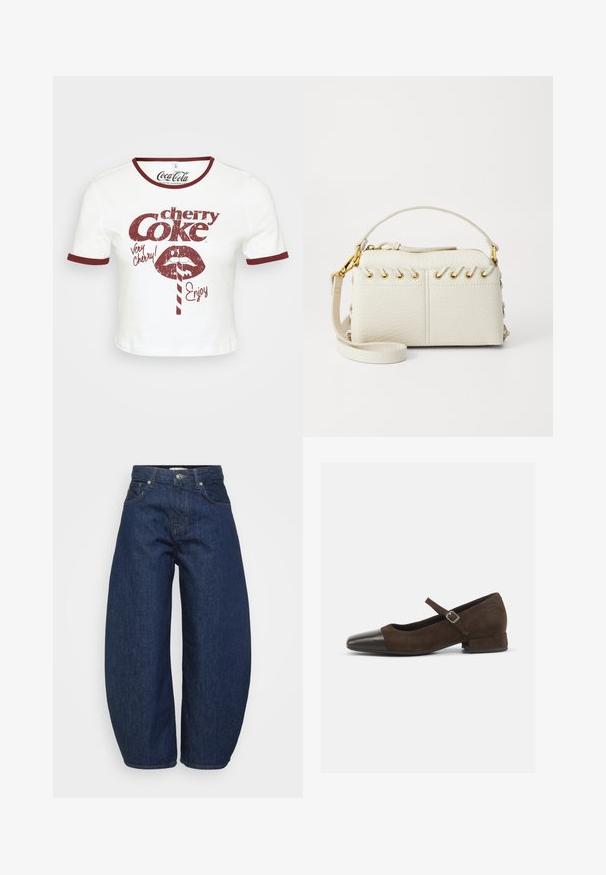 White cropped t-shirt with a round maroon neckline and sleeve hems. Features retro red graphic text stating "cherry Coke" and a lip illustration.; Dark blue denim jeans with a wide, relaxed fit. Features a zip fly, four pockets, and contrasting stitching along seams.; Brown suede Mary Jane shoe with a black patent leather toe cap, adjustable strap, and a low block heel. Smooth texture with minimal accents.; White faux leather handbag featuring a top zipper, a short handle, and a removable crossbody strap with gold-tone hardware. Side lacing detail.; Silver hoop earring with a polished finish, featuring small gold accent details and a round shape, worn on the lobe.
