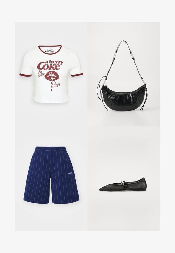 Hvid kortærmet T-shirt med en rund mørkerød halsudskæring og ærmekanter. Udstyret med retro rød grafisk tekst, der siger "cherry Coke" samt en illustration af en læbe.; Marineblå shorts med hvide lodrette striber, lavet af bomuld, med bæltestropper i taljen og et broderet logo på venstre søm.; Sort flad sko med spids tå, meshuv der og lakerede detaljer. Har en tynd strop med en cirkulær hardware detalje.; Sort lædertaske med en buet form, der har en tekstureret overflade, vævet detaljering og en aftagelig rem med sølvfarvede metaldele.