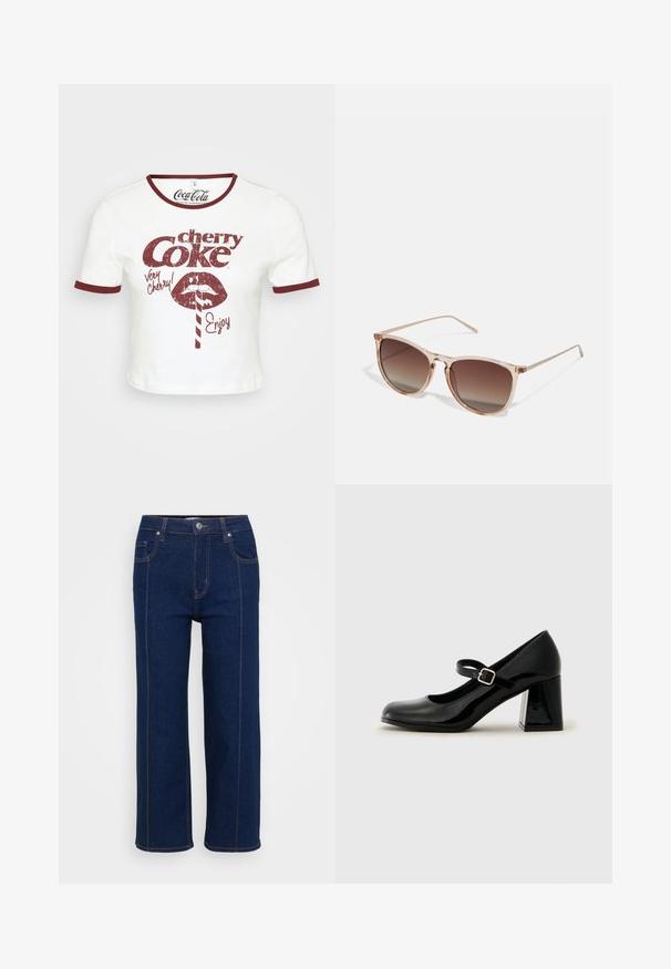 Bijela skraćena majica s okruglim bordo izrezom i rubovima rukava. Sadrži retro crveni grafički natpis "cherry Coke" i ilustraciju usne.; Tamno plave traperice ravnog kroja s kopčanjem na gumbe, prednjim i stražnjim džepovima te vidljivim narančastim šavovima duž šavova.; Crne lakirane Mary Jane cipele s zaobljenim vrhom, podesivim remenom i masivnom pravokutnom potpeticom. Glatka tekstura s sjajnom završnom obradom.; Smeđe gradient sunčane naočale s prozirnim ružičastim okvirom, kvadratnog oblika i tankim metalnim ručkama. Imaju zaobljene ivice i minimalne detalje.; Smeđa suknjana torba s dva gornja držača i podesivim remenom za rame. Ima strukturirani oblik i minimalistički dizajn.