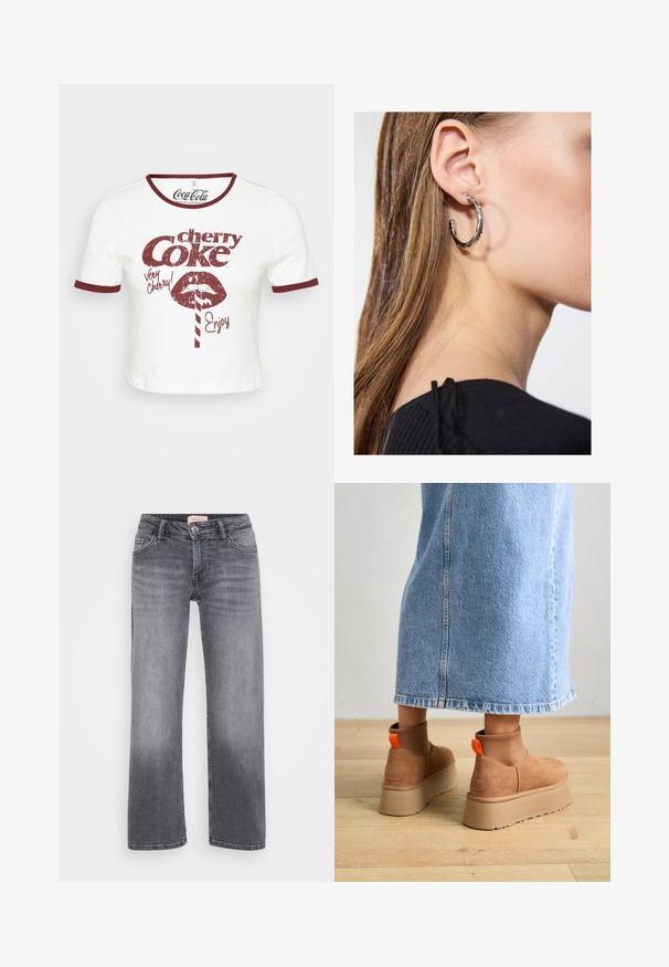 Tricou alb scurt, cu guler rotund și tivuri de mânecă în marou. Prezintă un text grafic retro roșu care spune "cherry Coke" și o ilustrație a unei buze.; Jeans gri din denim cu un design drept, stil cu cinci buzunare, decolorare subtilă și închidere cu buton la talie.; Botine maro din suede cu platformă, cu panouri elastice pe laterale și mânere portocalii, asortate cu o fustă din denim deschis până la genunchi, pe un podea din lemn.; Cercel din argint cu un finisaj polișat, având detalii mici din aur și o formă rotundă, purtat pe lobul urechii.