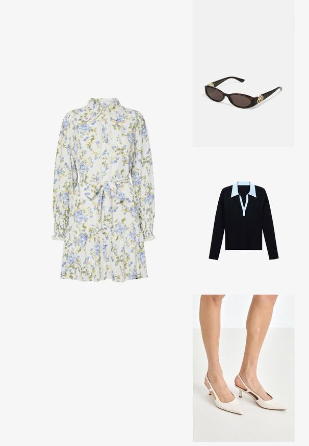 Zwarte longsleeve shirt met lichtblauwe open V-hals en knoopsluiting, plat gelegd op een witte achtergrond.; Bloemendress in het wit met blauwe en groene bloemen, voorzien van een kraag, knoopsluiting aan de voorkant, lange mouwen met elastische manchetten en een tailleband.; Beige gepatineerde leren slingback hakken met een spitze neus en een hak van 5 cm, met uitsparingen aan de zijkanten en een dunne enkelband.; Schildpadbril met langwerpige ovale lenzen, bruine tint, gouden logo-accenten op de pootjes en slanke zwarte armen.; Beige handtas met een patroon en een gebogen vorm, leren accenten en een goudkleurig logo aan de voorkant. Beschikt over een kort handvat voor gemakkelijk dragen.; Parel- en kristallen ketting met een ronde, gehaakte ontwerp in lichte tinten, met afwisselend parels en sprankelende accenten, gedragen om de hals.