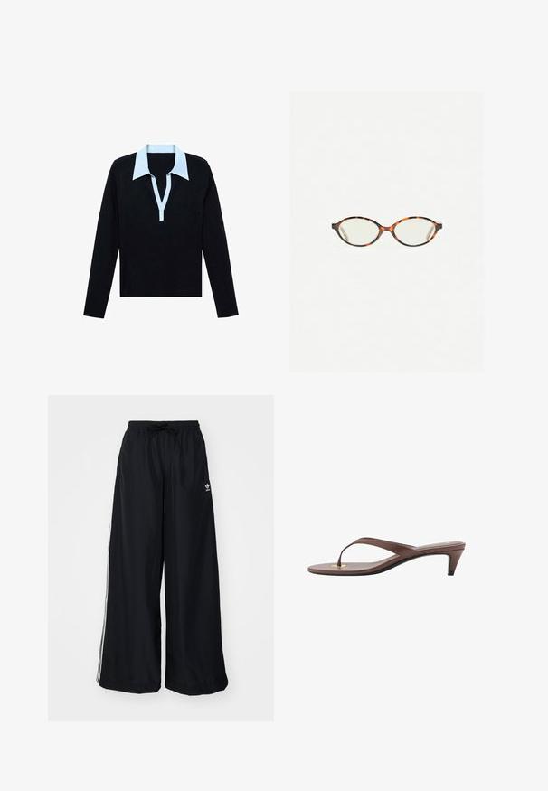 Černá dlouhá rukávová košile s otevřeným svetrovým límcem v světle modré barvě a légou, položená na bílem pozadí.; Černé kalhoty s širokým střihem vyrobené z lehkého materiálu. Mají elastický pas se stahovací šňůrkou a bílé postranní pruhy. Na bocích se nachází logo značky.; Hnědé sandály s podpatkem a tenkým páskem, zaoblenou špičkou a malým zlatým akcentem na stélce.; Želvovinové brýle s oválnými čočkami a hladkým, jemným povrchem. Má tenké bočnice s jemným zakřivením v chrámcích. Čiré čočky.; Černá lesklá kabelka s křivkovým siluetou, dvěma uchy a předními logovými destičkami. Zipové zapínání a lesklé kovové akcenty.
