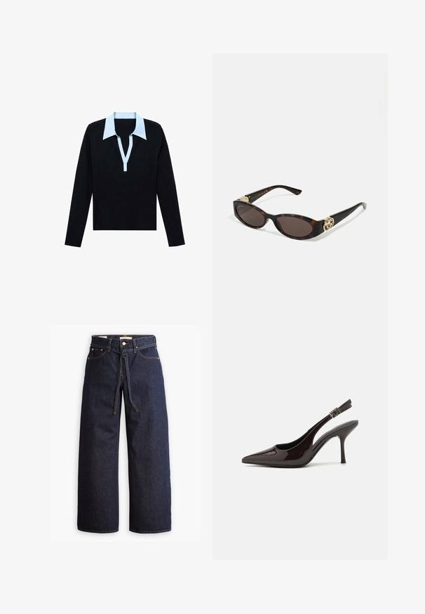 Schwarzes Langarmshirt mit hellblauem offenen V-Ausschnitt und Knopfleiste, flach auf einem weißen Hintergrund gelegt.; Weite, dunkelblaue Jeans aus Denim mit hoher Taille, ausgestattet mit einem Kordelzug, fünf Taschen und kontrastierenden Nähdetails.; Slingback-Pumps aus glänzendem dunklen braunen Lackleder, mit spitzer Zehenpartie, offenen Seiten und verstellbarem Knöchelriemen.; Schildpatt-Sonnenbrille mit länglich-ovalen Gläsern, braunem Farbton, goldenen Logo-Akzenten an den Bügeln und schlanken schwarzen Bügeln.; Braun gemusterte Handtasche aus strukturierter Stoff, mit braunem Ledergriff und goldenen Logodetails auf einem beigen Hintergrund. Geschwungene, strukturierte Form.