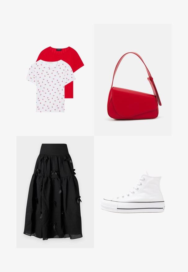 To korte ermer t-skjorter: en rød med et teksturert mønster og en hvit med kirsebærtrykk, rund hals, laget av bomull.; Sister Jane BIRDIE BOW MIDI SKIRT - A-line skjørt - black; Hvit høy-skinn kanvas sneakers med svart gummisåle, gummitåhette foran og seks hull for snorer, med et rent, minimalistisk design.; Rød lærveske med en vinklet, geometrisk design. Har en enkelt justerbar stropp og en klaffelukking med sydd detaljer.